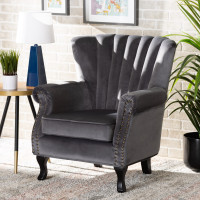 Baxton Studio 904-Shiny Velvet Grey-Chair Relena Classic and Traditional Grey Velvet Fabric Upholstered and Dark Brown Finished Wood Armchairs